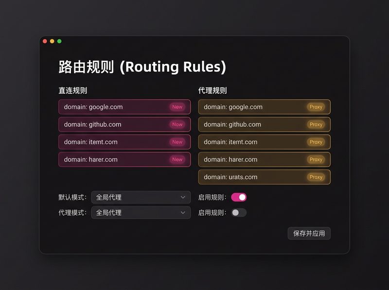 v2rayN 路由设置界面与预设规则展示